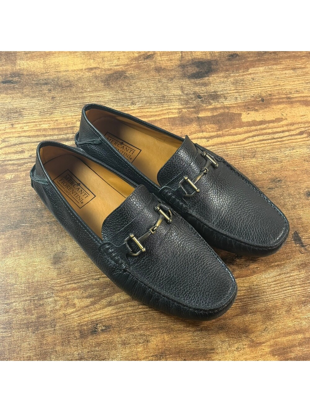 Mercanti Fiorentini Mens 9.5M Black Pebbled Leather Horsebit Driving Loafers
